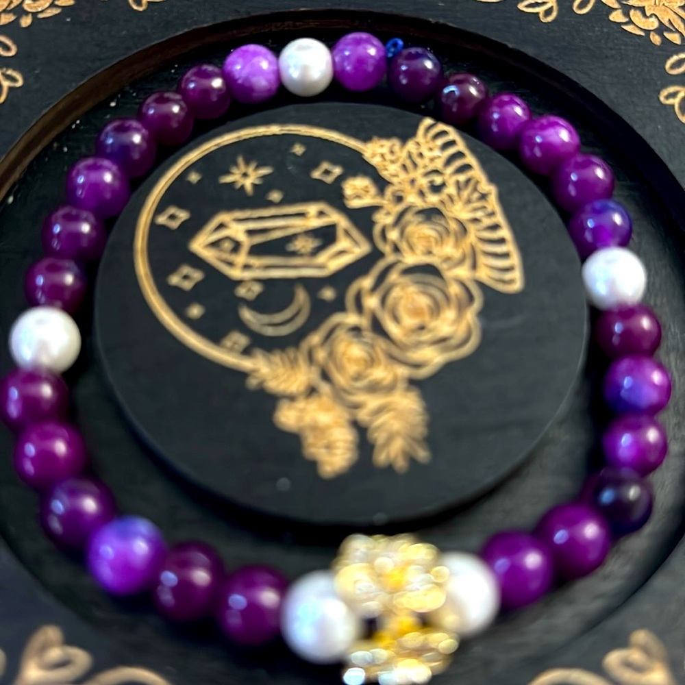 0158B Purple Agate Shell Pearls 6mm Bracelet with FlowerCharm with Crystals